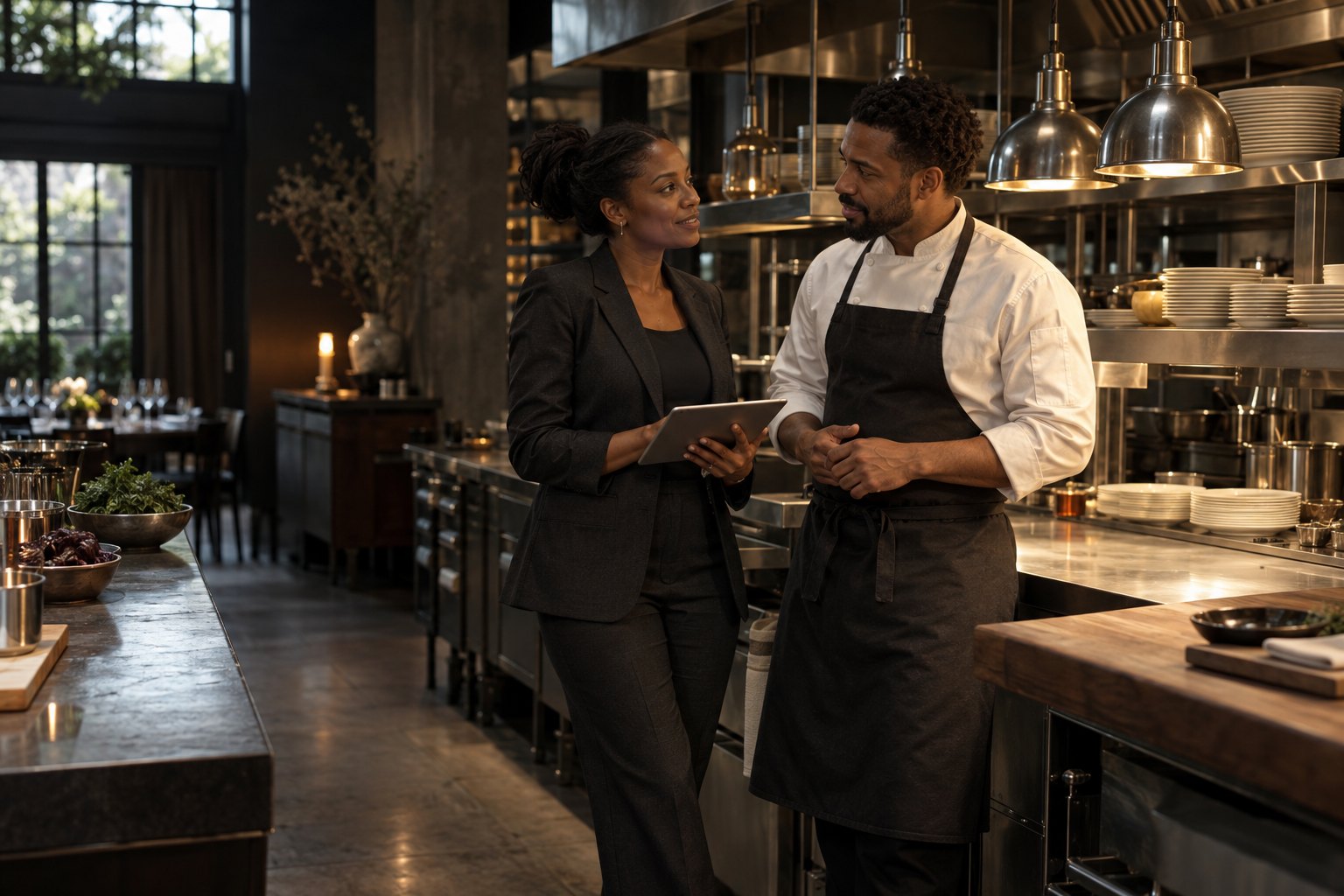 AI-generated concept of a restaurant owner and chef discussing service.
